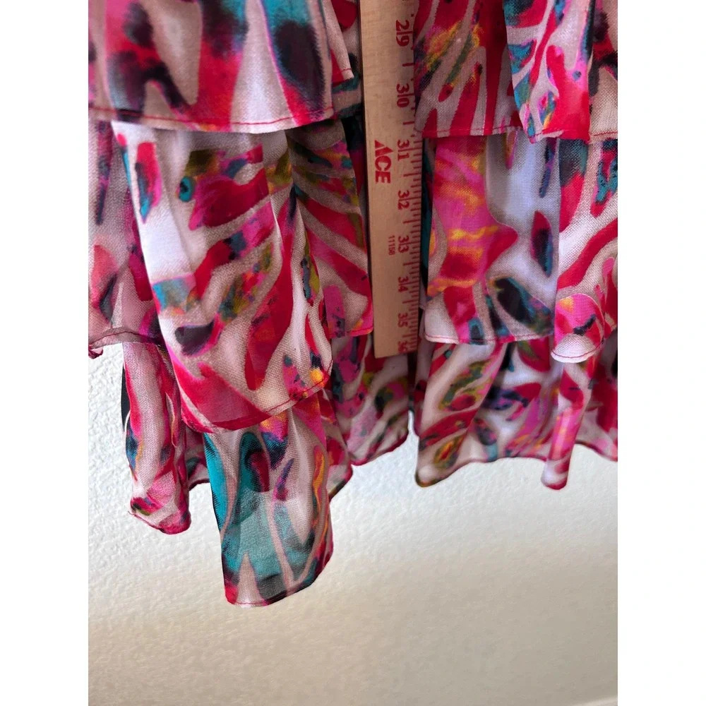 Tunique Boho Layered Frill Skirt - Pink & Blue Artistic Print - Festival Wear M‎